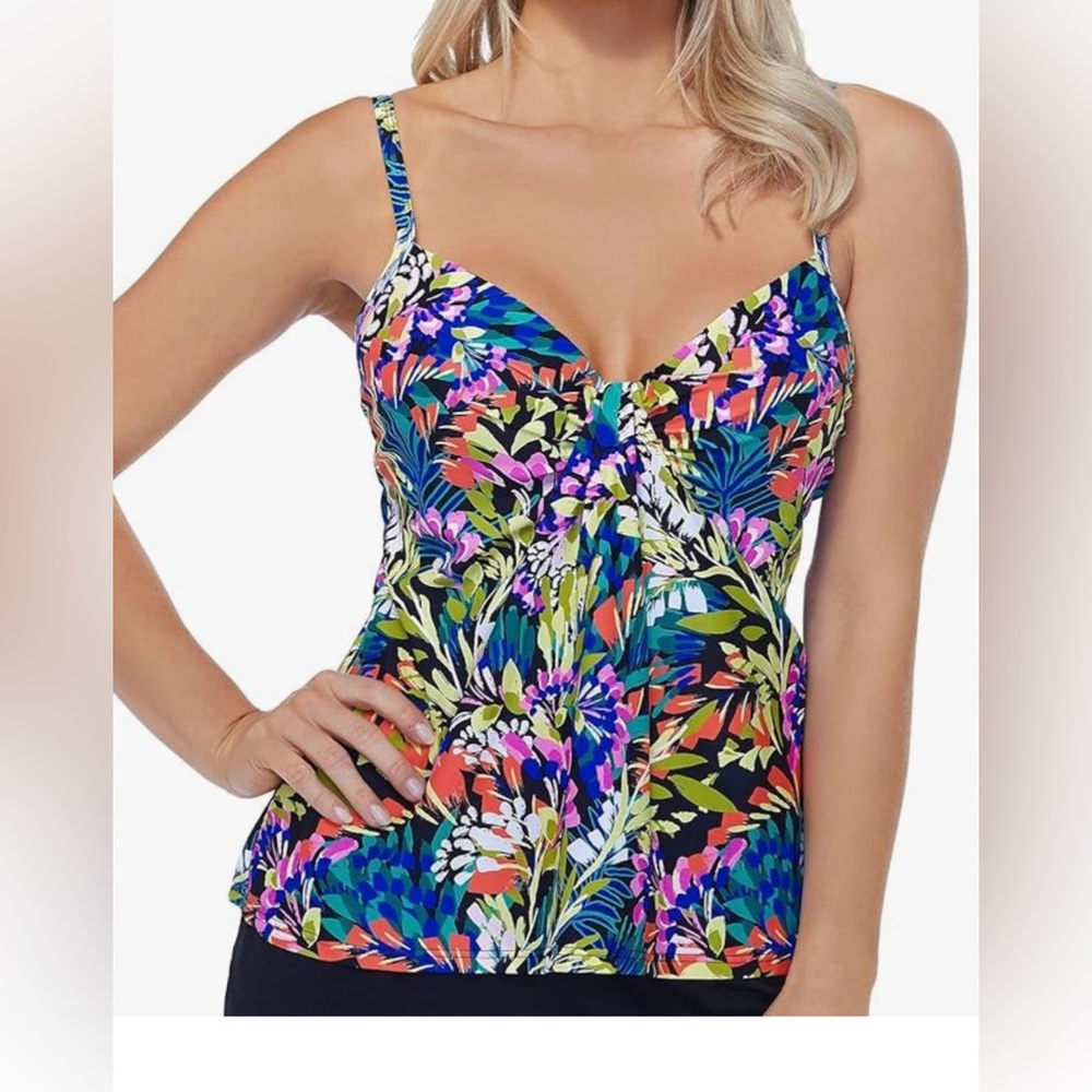 Island Escape Waterfall Gardens Pink & Black Floral Tankini Underwire Size 6 NWT